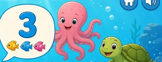 Ilustração do jogo: um polvo rosa e uma tartaruga no fundo do mar, ao lado de um balão com o número 3 e três peixinhos